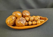 Vintage MCM Wood Wooden Fruit Set Of 6 Hand Crafted Fake Faux Fruit Plus Tray