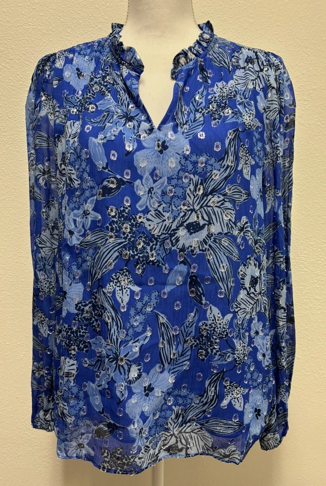 NWT LILLY PULITZER Giana LS Top S-Alba Blue Cruisin Together Metallic Clip $168 - Image 2 of 4