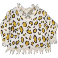 Davi & Dani 80's Style Leopard Animal Print Sweater Fringe V Neck Sz L Fuzzy