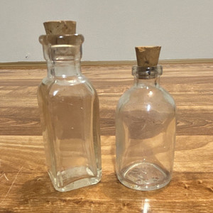 Lot of 2 Clear Glass Decorative Bottles w/ Cork Stoppers, 4 in Height