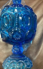 Vtg LE Smith Aqua Blue Teal Moon and Stars Candy Compote Bath Dish 10  Tall