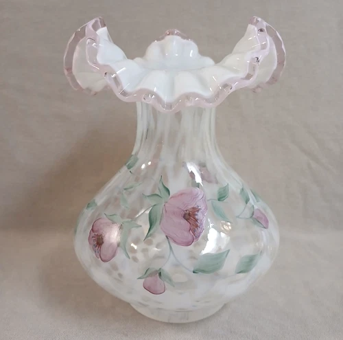 Vintage Fenton Diamond Optic Hand Painted Opalescent Floral Ruffle Vase Signed