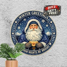 Retro Santa Claus Holiday Tin Sign Vintage Christmas Wall Art Plaque Decor