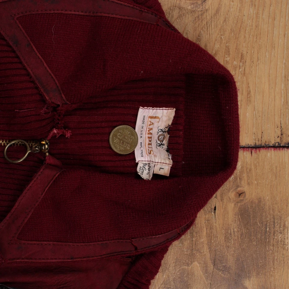 Vintage Campus 1/4 Zip Jumper Sweater L 60s USA Made Suede Patch Womens V-Neck - Image 3 of 4