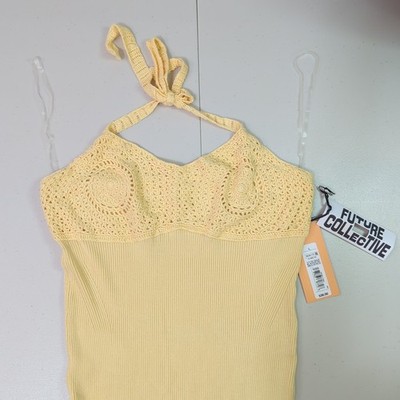 Future Collective Jenny K Lopez Dress Womens L, Pastel Yellow Crochet Halter NWT