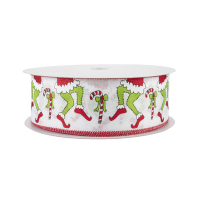 Christmas Green Monster Legs Candy Cane Canvas 5 Yard 2.5'' Width Wired Ribbon