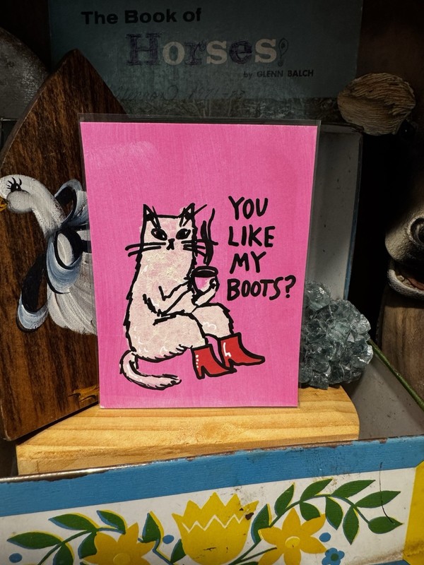 ACEO Art Card Brewed And Booted By Britney B Acrylic Cat Coffee Pink