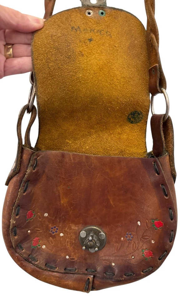 Lindo bolso boho hippie de cuero pintado a mano de colección LEER envío gratuito Foto 4 de 4