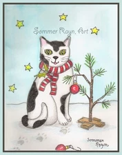 Black and white cat next to tiny Christmas Tree, Christmas card, notecard #1000