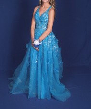 Blue Sequin Glitter Tulle Ballgown/Prom Dress V-Neck Backless Strappy Long 000