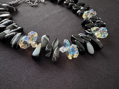 Schwarz gestreifte Achat Kristall Edelstein Perlen Halskette 925 Silber Verschluss kleines Halsband