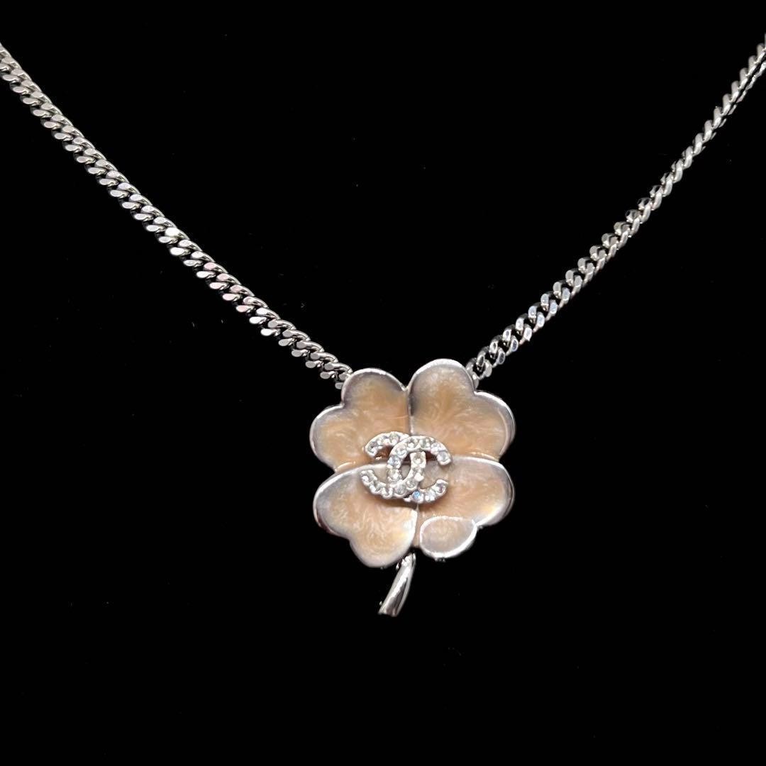 Chanel Clover Necklace Silver Metal Stones Used Elegant Jewelry thumbnail 2