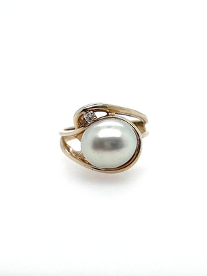 Genuine Cultured Pearl Ring Heavy 14K Yellow Gold Swirl Design 10x11mm Pearl