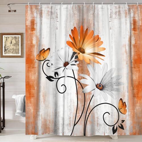 Rustic Farmhouse Shower Curtain, Farm Daisy Floral Fall 70.00" x 70.00" Orange - 第 2/7 張圖片
