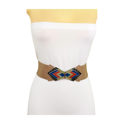 Women Beige Elastic Band Wide Hip Waist Feminine Belt Tribal  display picture 3