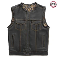 BlackTop® Black Leather Motorcycle Vest Gold Lining Concealed Waistcoat S-6XL