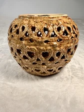 Pierced Luminated Brown Ceramic Round Candleholder Tabletop Sculpture Vessel Pot