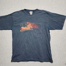 Harley Davidson Vtg Shirt XL Blue Single Stitch USA Flag Vehicle/Powertrain Ops