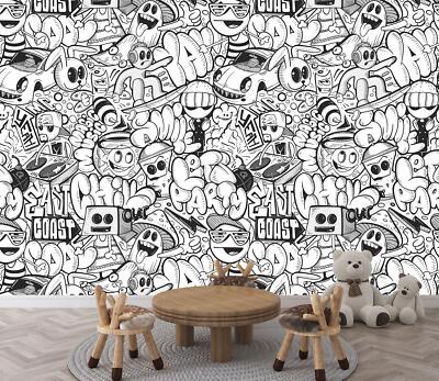 Moderne Schwarz & Weiß Doodle Wandtapete Wandbild Abnehmbar Abwaschbar Abziehen & Aufkleben