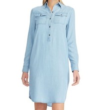 New Chaps Women's Soft Lyocell Long Sleeve Denim Shirt Dress Sky Blue Size L