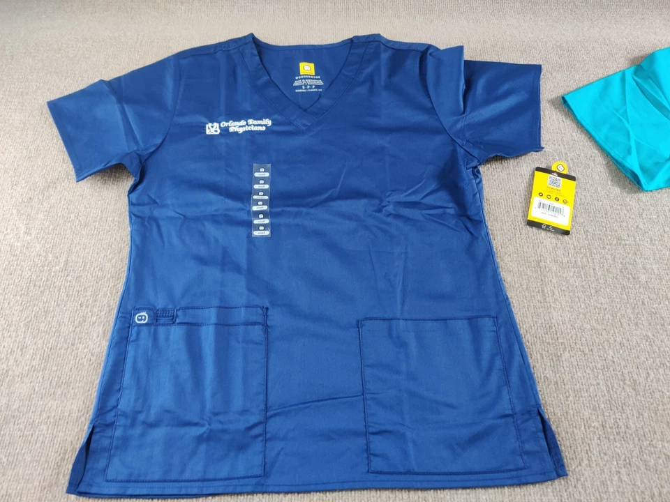 Lot of 2 Wonder Wink Womens V-Neck Scrub Top S Navy Blue Teal Business Logo NEW - Image 2 of 4