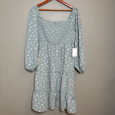 Winslow Smocked Midi Dress Size 1X Puff Sleeve Green Floral Milkmaid Coquette