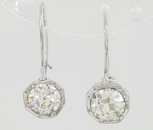 Art Deco alte europäische Schliff Diamant Tropfen Hängel Ohrringe 1,65 ct 14k Weißgold - Bild 1 von 7
