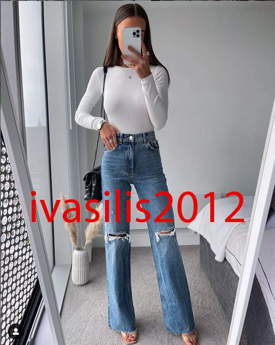 ZARA NEW WOMAN WIDE-LEG FULL-LENGTH RIPPED JEANS PANT BLUE ALL