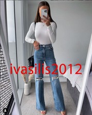 ZARA NEW WOMAN WIDE-LEG FULL-LENGTH RIPPED JEANS PANT BLUE ALL SIZES 6045/025