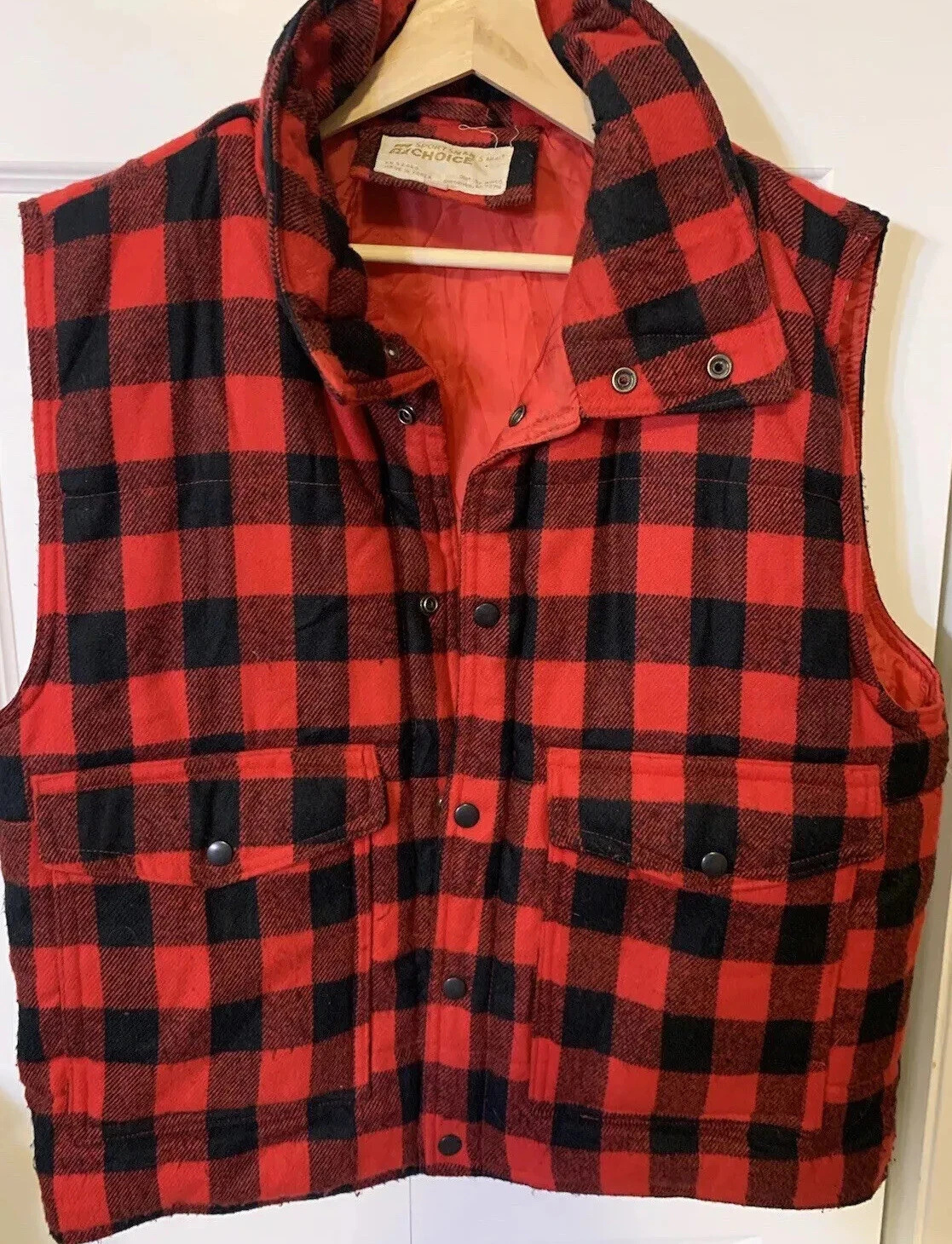 SPORTSMAN’S CHOICE Men’s Sz L plaid hunting vest vtg black & red plaid outdoors