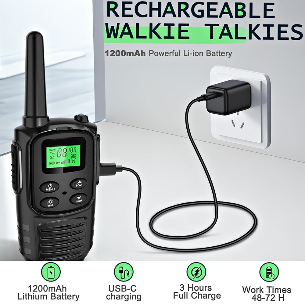 LONG RANGE WALKIE TALKIE 2 SET USB-C RECHARGEABLE LED FLASHLIGHT FRS VOX NOAA