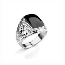 Uomo Anello Argento 18 Carato Oro Bianco Placcato Onice Nero Impermeabile R6182D