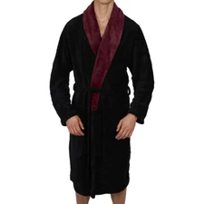 Mens- ROBE -Bathrobe   -Coral Fleece Super Soft-   Burgundy / Black - USA Seller
