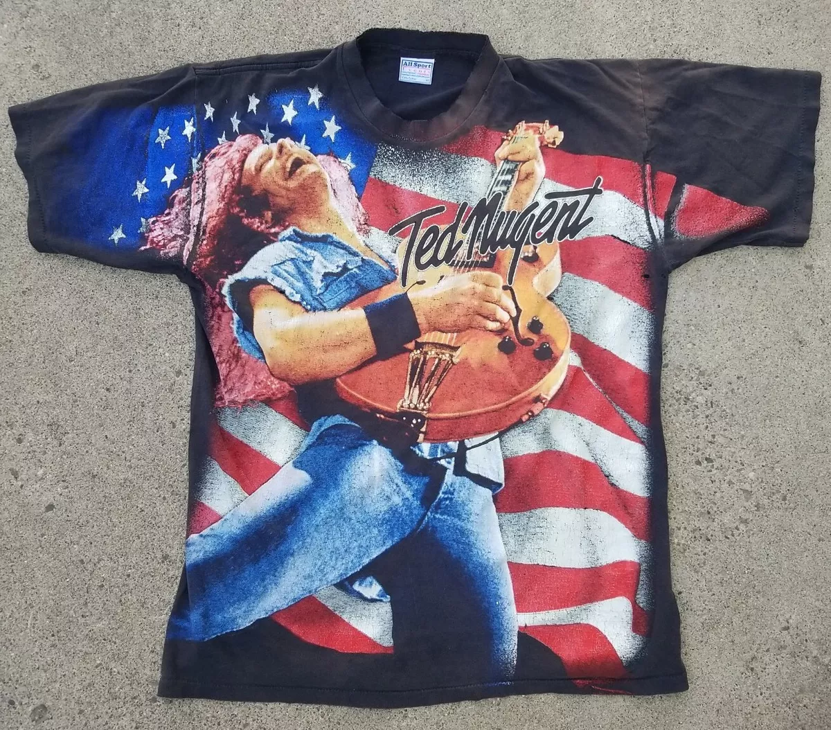 Vintage 90s Ted Nugent One Nation Under Ted all over print t-shirt USA Flag  L