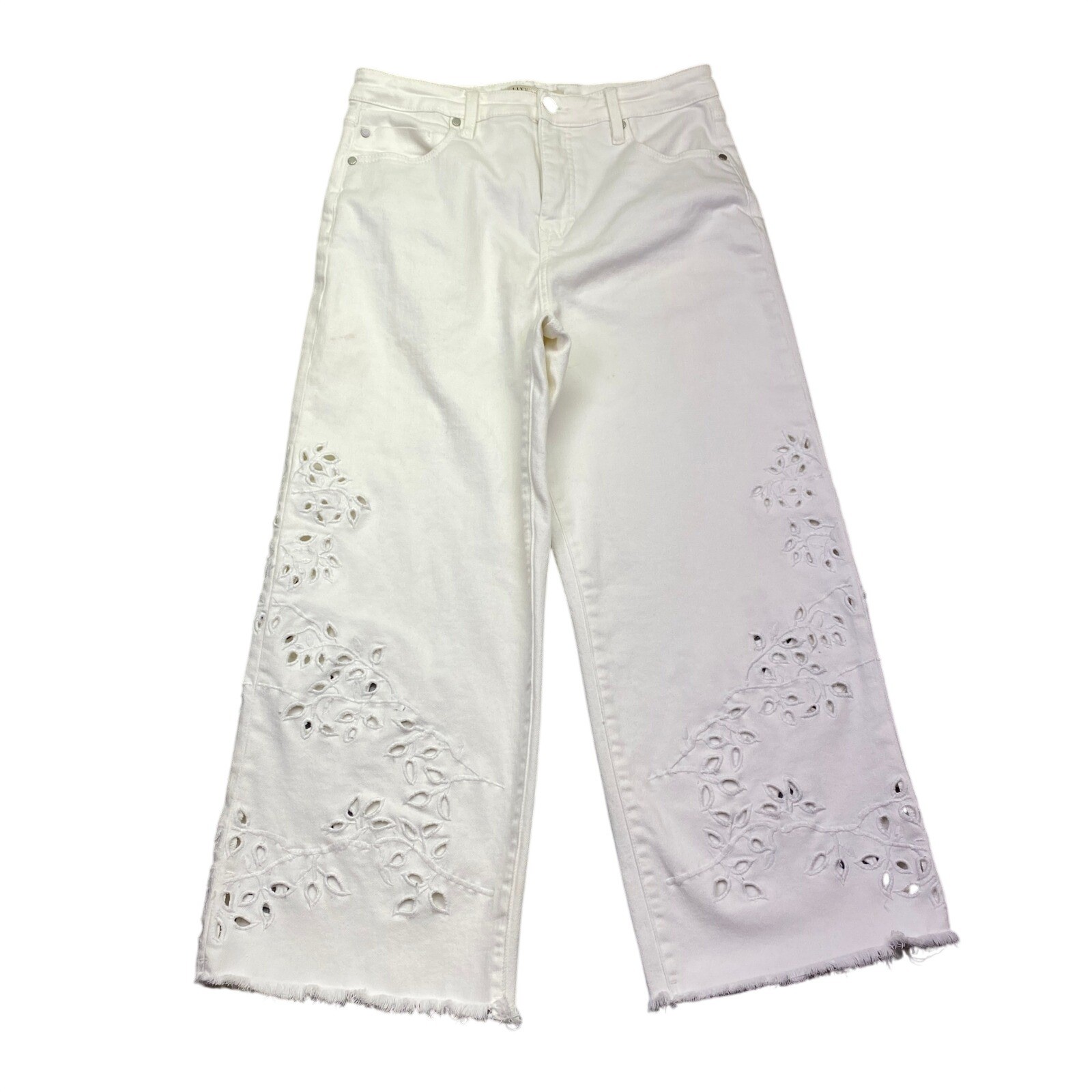 Liverpool Los Angeles White Wide Leg Eyelet Embroidered Jeans Raw Hem Size 10/30