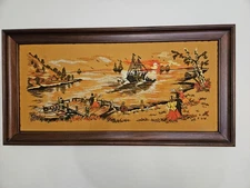Vintage Embroidery/ Crewel Needlepoint Retro 1970's Professionally Framed Ships