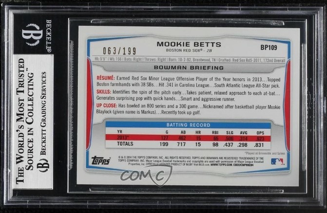 2014 Bowman 1st Prospect Rookie /199 Green Paper #BP109 Mookie Betts RC SP BGS 9 view 7