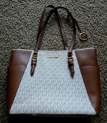 Michael Kors Charlotte Large Logo and Leather Top Zip Tote Bag Vanilla MK logo 