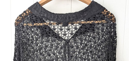 Vintage Black Sheer Net Top XL Open Crochet Long Sleeve Button Up Vamp Goth - Picture 7 of 12