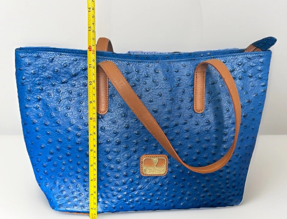 Bolso de Trabajo Valentina Azul Avestruz Cuero Italiano Repujado Laptop Foto 3 de 4