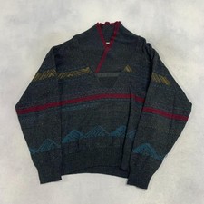 Vintage Abstract Knitted Jumper Patterned Grandad Knit Sweater Men's M