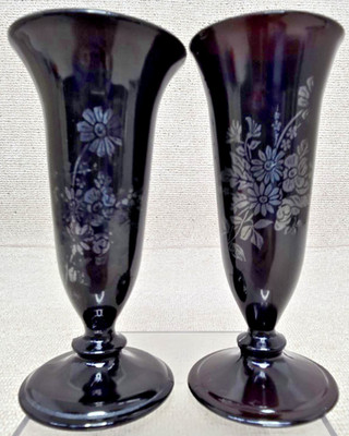 TWO Vintage LE Smith Black Amethyst Glass Bud Vase Floral Silver Overlay 6''