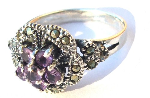 Ring 925 Silber 6x lila Amethyst facettiert 16x Markasit funkelnde Blume Gr 16,6 - Picture 3 of 6