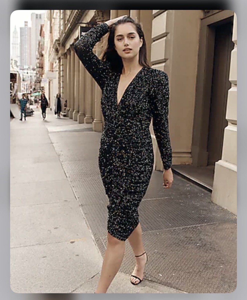 sequin v-neck puff sleeve ruched midi sheath dress Sequin V-Neck Puff Shoulder Ruched Midi Sheath Dress S (FINAL PRICE $89.99)