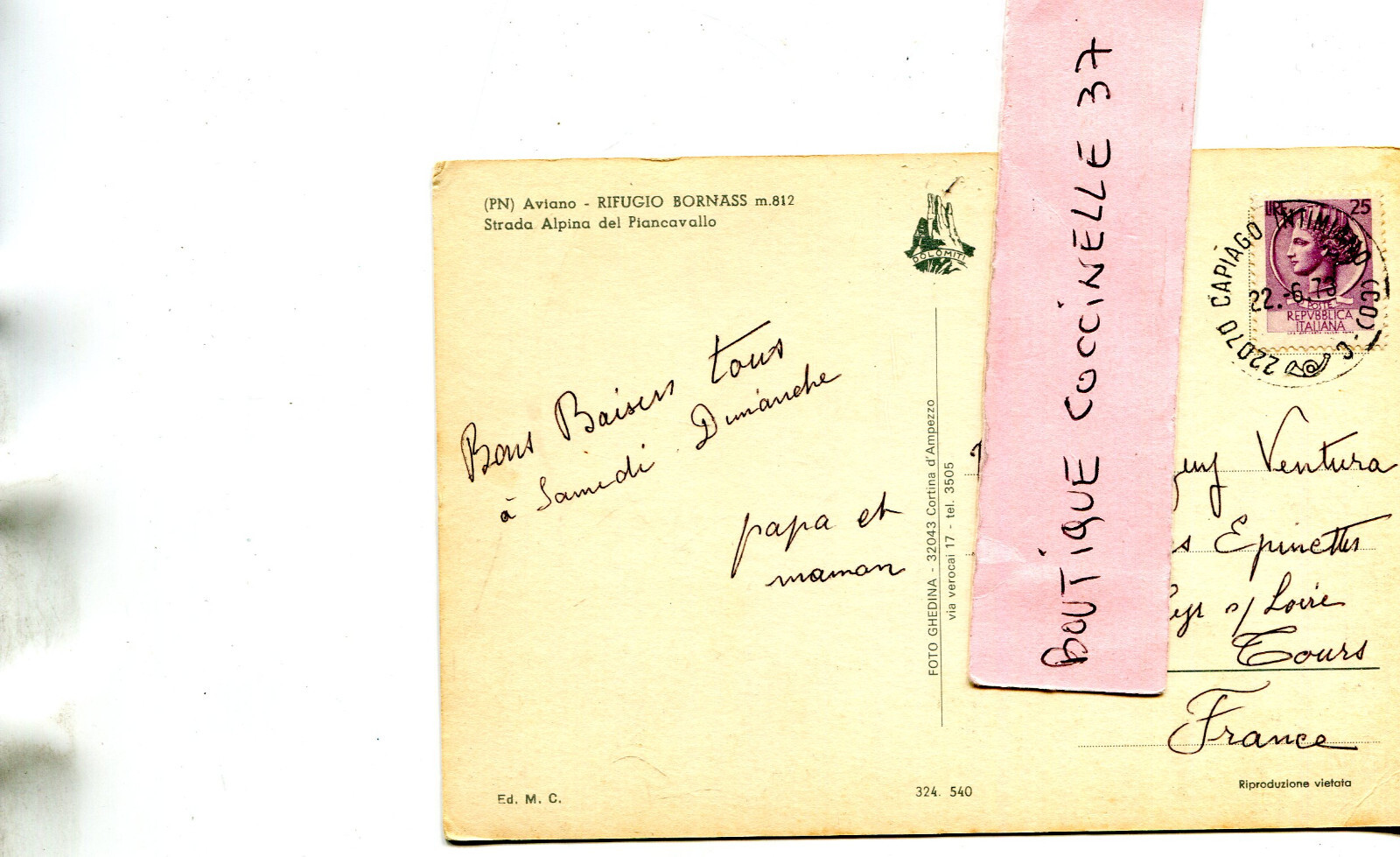 Carte ITALIE AVIANO Rifugio Bornass Stada Alpina del Piancavallo