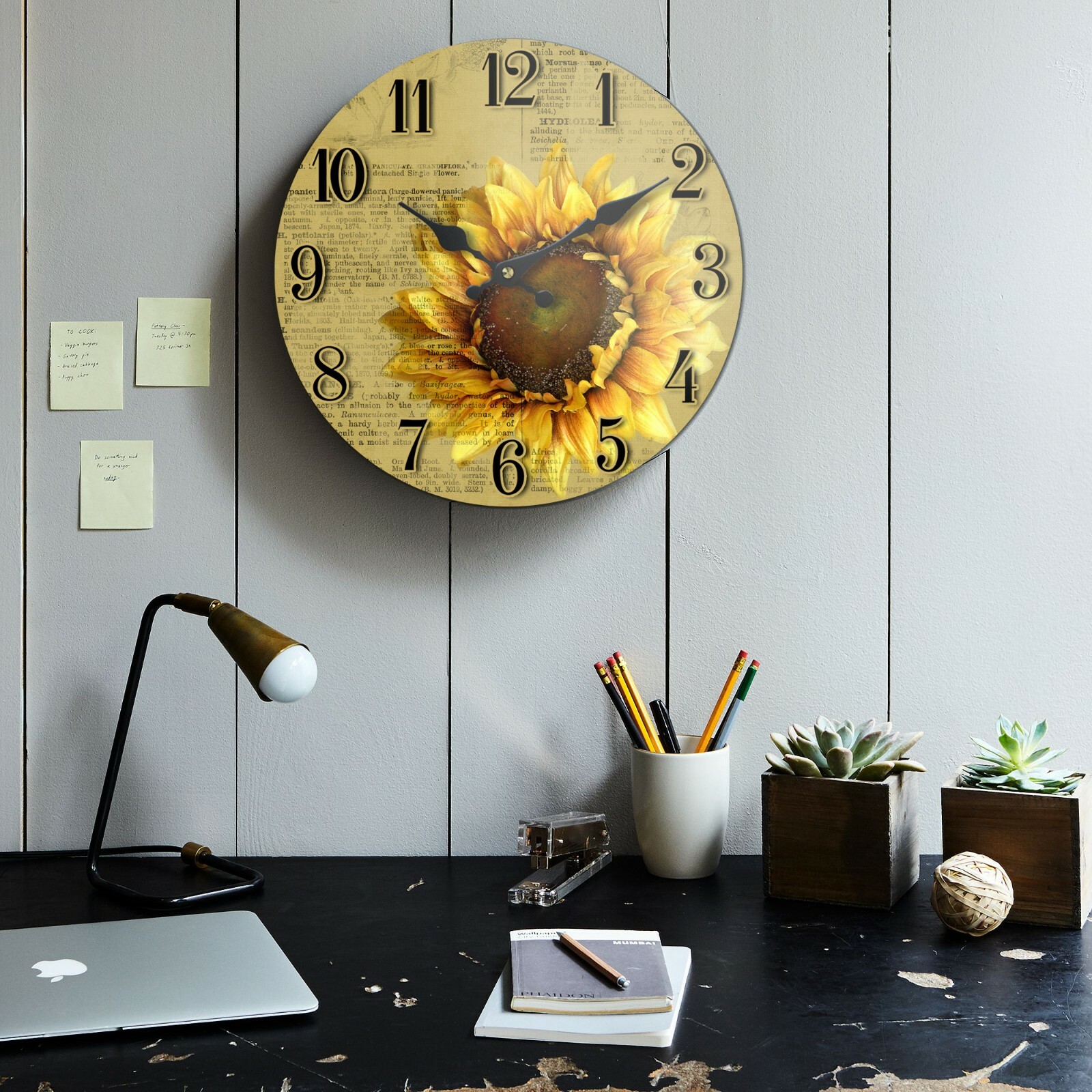 Sunflower Clock Wood Wall Clock Flowers Books Plants 13" x 13"