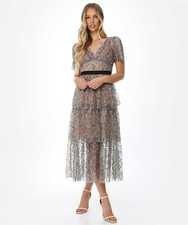 SELF-PORTRAIT Tiered sequinned V neck tulle midi dress