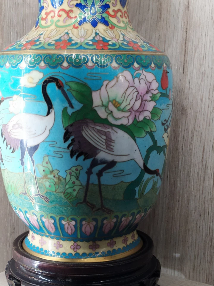  Grand Vase Cloisonné ,Forme Balustre   Décor d'oiseaux , Fleur , XIXème Ancien  - Photo 2/4