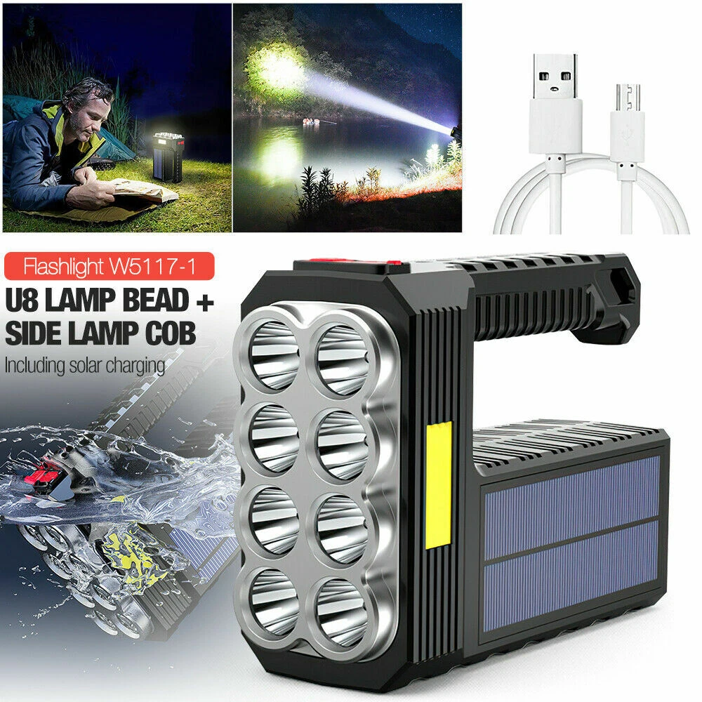 Proyector LED Solar Foco USB Recargable Antorcha de Mano Luz Camping Lámpara