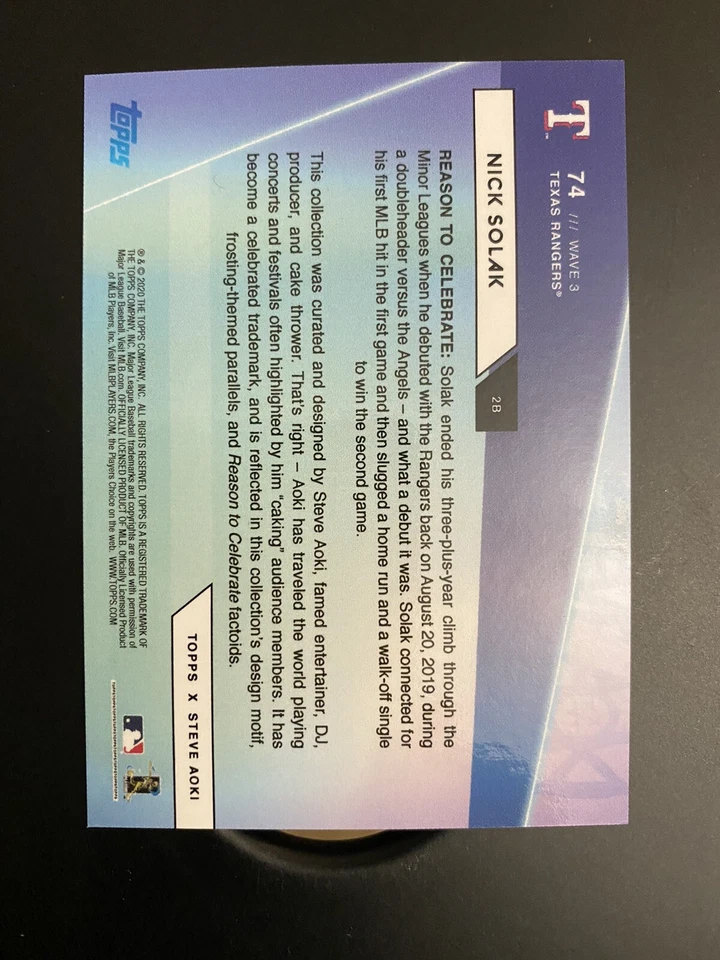 2020 Topps X Steve Aoki Nick Solak Rookie Rainbow Foil Parallel #74 RC - Image 2 of 2